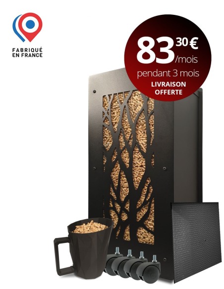Granulebox arbre noir avec filtre, roulettes et pelle à pellets.