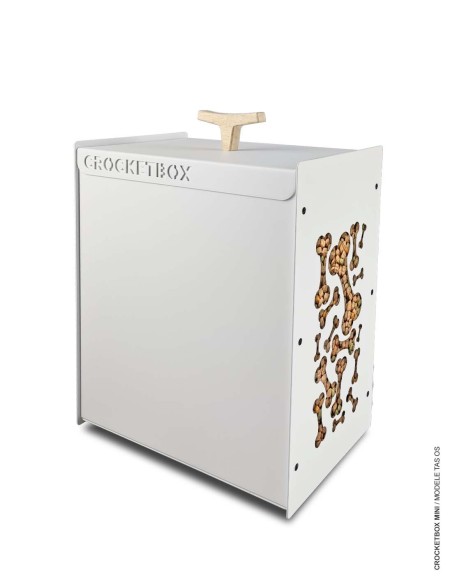 Poignée en bois verni sur boîte à croquettes Crocketbox fabriquée en France